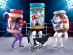 absurd_res anthro boxing boxing_gloves canid canid_demon canine canis clothing demon female fighting_ring fluff_(food) food food_costume group handwear hellhound helluva_boss hi_res loona_(helluva_boss) mammal marshmallow_fluff marshmallow_fluff_costume mephitid mythological_canine mythological_creature mythology nutella nutella_costume peanut_butter peanut_butter_costume skunk sport sundae_(kigtoons) taka_studio trio wendy_(snowradish) wolf