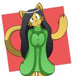  anthro big_breasts breasts cat curious ears_up feline female fur green_eyes green_sweater long_sleeves long_tail looking_at_viewer mammal mimi_hamilton rockmanzxadvent sweater yellow_fur 