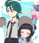  2girls bebe_0620 black_gloves black_hair black_necktie black_pants bonnet clodsire closed_eyes closed_mouth collared_shirt gloves green_hair grey_shirt grin hair_between_eyes multiple_girls necktie pants pokemon pokemon_(creature) pokemon_sv poppy_(pokemon) rika_(pokemon) shirt short_hair smile tinkaton zoom_layer 