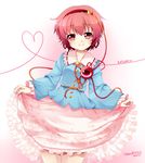  blush character_name floral_print hairband haruki_(colorful_macaron) heart heart_of_string highres komeiji_satori long_sleeves pink_hair pink_skirt red_eyes short_hair signature skirt skirt_lift smile solo third_eye touhou 