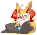  anthro blush braixen breasts canine chest_tuft digitigrade english_text fangs female fennec fox fur lactating looking_at_viewer mammal nintendo nipples one_eye_closed panties plain_background pok&#233;mon pok&eacute;mon red_eyes sitting slugbox solo stick text tuft underwear video_games white_background wide_hips 