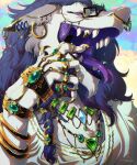 absurd_res anthro aquamarine_(gem) bracelet cel_shading chain claws clothing crystal ear_piercing ear_ring emerald_(gem) eyewear facial_piercing fur gem gemstones gesture glasses gold_(metal) gold_jewelry hair hand_gem hand_gesture hi_res jade_(gem) jewelry looking_at_viewer male mouth_shot necklace nose_piercing nose_ring open_mouth peridot_(gem) piercing pink_eyes purple_hair purple_mouth ring_piercing seregore sergal shaded silk simple_background smile smug solo taloverae teeth_showing tongue wearing_glasses white_body white_fur