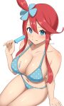  1girl artist_name bikini blue_bikini blue_eyes blush breasts cleavage closed_mouth commentary_request food food_on_body food_on_breasts hair_between_eyes highres holding holding_food holding_popsicle large_breasts long_hair looking_at_viewer melting melting_popsicle navel one_side_up pokemon pokemon_bw polka_dot polka_dot_bikini popsicle red_hair sidelocks simple_background sitting skyla_(pokemon) smile solo stomach surippa1010 swimsuit thighs white_background 