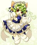  1girl animal_hat apron bell blue_dress cat_hat cat_tail dejiko di_gi_charat dress eumillipes fang frilled_dress frills full_body green_hair hair_bell hair_ornament hat highres looking_at_viewer mittens open_mouth puffy_short_sleeves puffy_sleeves red_eyes short_sleeves solo tail white_apron white_background white_mittens 