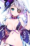  3: babydoll blue_eyes blush breasts cherrypin choker cleavage commentary eyepatch flower front-tie_top hair_ornament iri_flina lingerie lowres medium_breasts navel open_clothes ribbon see-through shiny shiny_skin short_hair silver_hair solo sword_girls underwear untied 