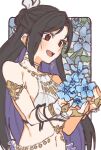  1girl armlet bare_shoulders belly_chain bikini black_hair blue_flower blush border bow brown_eyes choker commentary final_fantasy final_fantasy_vii final_fantasy_vii_ever_crisis fingerless_gloves floral_background flower gloves hair_bow highres holding holding_flower jewelry konbu7733 long_hair navel necklace official_alternate_costume open_mouth outside_border solo stomach swimsuit tifa_lockhart tifa_lockhart_(passion_mermaid) upper_body white_bikini white_border white_bow white_choker white_gloves 