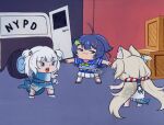  3girls ahoge animal_ear_fluff animal_ears blonde_hair blue_eyes blue_hair blue_sailor_collar blunt_bangs cat_ears crate dress fins fish_girl fish_tail gawr_gura grey_hair hair_ornament hololive hololive_english indie_virtual_youtuber long_hair low_twintails meme motor_vehicle multicolored_hair multiple_girls open_mouth pointing pointing_at_another pointing_spider-man_(meme) police_van sailor_collar sameko_saba sasuri_(vtuber)_(artist) senzawa shark_girl shark_tail sharp_teeth skirt star_(symbol) star_hair_ornament streaked_hair tail teeth twintails two_side_up van very_long_hair virtual_youtuber white_dress x_hair_ornament 