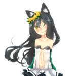  1girl alchemist_(ragnarok_online) alternate_color animal_ear_fluff animal_ears black_hair blush cat_ears cat_girl closed_mouth commentary_request detached_sleeves dress flat_chest flower green_sleeves hair_flower hair_ornament head_tilt long_hair looking_at_viewer meiko_(nattu303) navel one_eye_closed plunging_neckline ragnarok_online simple_background smile solo strapless strapless_dress upper_body white_background white_dress yellow_eyes yellow_flower 