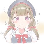 1girl ? apron beret black_apron black_hat blush bow bowtie braid brown_hair center-flap_bangs collared_shirt completion_time eating food food_on_face frilled_shirt_collar frills hachiban_ramen hachiban_ramen_uniform hair_ribbon hat highres iroha_(nami3) kachimachi_kosuzu link!_like!_love_live! love_live! low_twintails notice_lines official_alternate_costume official_alternate_hairstyle pink_eyes red_bow red_bowtie red_ribbon ribbon shirt side_braids solo sound_effects twintails virtual_youtuber white_shirt 