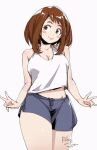  1girl :p artist_name bare_shoulders blush_stickers boku_no_hero_academia breasts brown_eyes brown_hair cleavage cowboy_shot double_v large_breasts looking_to_the_side relaxjon short_hair shorts solo tank_top tongue tongue_out uraraka_ochaco v white_background white_tank_top 