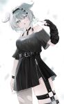  1girl :o aqua_eyes belt black_hairband black_nails black_shirt black_skirt blush breasts chest_harness cowboy_shot elira_pendora elira_pendora_(goth) fingerless_gloves gloves grey_hair hair_intakes hairband harness head_wings heterochromia highres large_breasts long_hair nijisanji nijisanji_en off-shoulder_shirt off_shoulder pantyhose pleated_skirt purple_eyes remon04mom shirt single_fingerless_glove single_leg_pantyhose skindentation skirt solo torn_clothes torn_pantyhose virtual_youtuber wings 