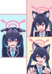  1girl absurdres angry animal_ear_fluff animal_ears black_hair black_jacket blue_archive blue_necktie blue_ribbon blush cat_ears cat_girl collared_shirt commentary eyelashes fang fangs fujiwara_haru_(nekonote) furrowed_brow hair_between_eyes hair_intakes hair_ribbon halo hands_up highres jacket jitome long_hair looking_at_viewer looking_to_the_side multiple_expressions multiple_views necktie open_mouth pink_halo pink_pupils red_eyes ribbon school_uniform serika_(blue_archive) shirt simple_background skin_fang skin_fangs slit_pupils smile straight_hair surprised sweatdrop tsurime twintails upper_body v-shaped_eyebrows white_shirt wide-eyed 