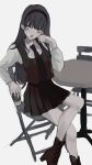  1girl akai_ringo_(eveyuno) black_hair crossed_legs headband highres long_hair long_sleeves looking_to_the_side necktie original pleated_skirt sitting skirt white_background 