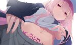  &gt;:( 1girl backlighting black_jacket blurry blush breasts closed_mouth clothes_lift commentary_request cowboy_shot crossed_bangs depth_of_field doruzou18 dutch_angle eyelashes fingernails foreshortening from_below frown grey_skirt hair_between_eyes harumi_ena highres jacket large_breasts lifting_own_clothes limelight_lemonade_jam long_hair looking_at_viewer looking_down navel no_bra open_clothes open_jacket penguin_print pink_hair pleated_skirt print_shirt pubic_tattoo red_eyes shirt shirt_lift skirt sleeves_past_wrists solo split_mouth stomach stomach_focus tattoo tsurime underboob v-shaped_eyebrows very_long_hair white_shirt 