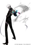  1boy armor black_gloves black_pants black_shirt black_shoes blue_eyes colored_skin copyright_notice dark-skinned_male dark_skin earrings fate/grand_order fate_(series) full_body gloves glowing grey_skin hand_on_own_hip indra_(fate) jewelry lightning_bolt_facial_mark looking_at_viewer looking_back male_focus official_art outline pako_(pakosun) pants pauldrons shirt shoes short_hair shoulder_armor single_pauldron smile solo standing transparent_background white_hair white_outline 