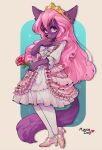 2025 absurd_res anthro blush canid clothing crown digital_media_(artwork) dress female flower footwear hair headgear hi_res high_heels holding_flower holding_object holding_rose looking_up mammal mousedoll pink_clothing pink_eyes pink_footwear pink_hair pink_high_heels plant purple_body rose_(flower) shoes simple_background smile solo tail