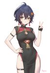  1girl adelie_cat alternate_costume arm_strap belle_(zenless_zone_zero) blue_hair blush breasts china_dress chinese_clothes cleavage_cutout clothing_cutout commentary cosplay covered_navel crossed_bangs dress earrings fingerless_gloves gloves green_eyes hair_between_eyes hair_ornament hand_on_own_hip highres jewelry letter looking_at_viewer no_panties pelvic_curtain short_hair single_glove skindentation solo sweety_(zenless_zone_zero) sweety_(zenless_zone_zero)_(cosplay) tassel tassel_earrings thigh_strap thighs underboob_cutout v white_background zenless_zone_zero 