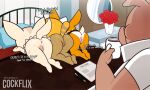 aggretsuko ailurid anthro anus bed beverage bodily_fluids butt canid canine coffee deer dialogue domestic_pig female fenneko flower fox furniture goz-o group hi_res imminent_sex male male/female mammal netflix plant presenting red_panda retsuko rose_(flower) sanrio signature suid suine sus_(pig) sweat sweatdrop tsunoda_(aggretsuko) vulva
