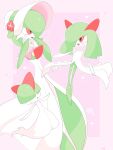  bob_cut bonnet bowl_cut colored_skin dress evolutionary_line flower gardevoir gardevoir_(fashionable) green_hair green_skin hair_over_eyes hair_over_one_eye hat hat_flower highres horns inb795 kirlia multicolored_skin pink_background pink_eyes pokemon pokemon_(creature) pokemon_unite ralts sidelocks simple_background two-tone_skin white_dress white_skin 