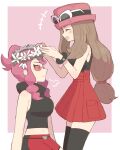  1girl 2girls bare_arms bare_shoulders black_thighhighs blue_eyes blush breasts closed_eyes closed_mouth crop_top diamond_cutout eyewear_on_headwear flower han0579 hat head_wreath highres long_hair malva_(pokemon) midriff multiple_girls navel open_mouth orange-tinted_eyewear pants pink-tinted_eyewear pink_hair pink_hat pokemon pokemon_xy red-tinted_eyewear red_eyes red_hat red_pants red_skirt serena_(pokemon) shirt sidelocks skirt sleeveless sleeveless_shirt smile sunglasses thighhighs tinted_eyewear two-tone_pants white-framed_eyewear 