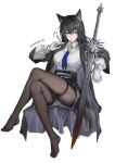  1girl absurdres animal_ears arknights between_fingers black_coat black_hair black_tail blood blood_on_weapon bolo_tie brown_eyes brown_pantyhose chinese_commentary cigarette closed_mouth coat collared_shirt commentary_request crossed_legs dated english_commentary feet full_body gloves grey_shorts hair_between_eyes hand_up highres holding holding_cigarette invisible_chair knight_fault legs long_hair looking_at_viewer mixed-language_commentary no_shoes official_alternate_costume open_clothes open_coat pantyhose purple_coat shirt short_shorts shorts simple_background sitting skindentation solo sword tail texas_(arknights) texas_the_omertosa_(arknights) thigh_strap two-sided_coat two-sided_fabric weapon white_background white_gloves white_shirt wolf_ears wolf_girl wolf_tail 