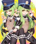  2girls :d absurdres animal_ears armband black_bodysuit black_pasties black_shrug black_tail blue_archive blue_armband blush bodysuit breasts crotchless demon_tail fake_animal_ears frilled_thigh_strap frontless_outfit green_hair green_halo gun halo handgun hat heart_maebari heart_pasties highres hikari_(blue_archive) hiphighs holding holding_gun holding_weapon latex latex_legwear long_hair long_sleeves looking_at_viewer maebari manurhin_mr73 multiple_girls navel nozomi_(blue_archive) open_mouth pasties peaked_cap playboy_bunny pointy_ears rabbit_ears revealing_clothes reverse_bunnysuit reverse_outfit revolver see-through_bodysuit see-through_clothes shiny_clothes shrug_(clothing) siblings simple_background sisters small_breasts smile tail thigh_strap train_conductor twins twintails very_long_hair weapon wrist_cuffs xg_epee yellow_eyes 