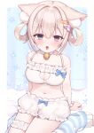  1girl absurdres animal_ear_fluff animal_ears arms_behind_back bare_shoulders bead_bracelet beads bell blonde_hair bloomers blue_bow blue_eyes blue_leg_warmers blush border bow bow_bloomers bow_bra bra bracelet breasts cat_ears cleavage_cutout clothing_cutout collar commentary_request detached_collar fish_hairpin frilled_bra frilled_collar frilled_thigh_strap frills hair_between_eyes hair_intakes hands_on_floor highres jewelry jingle_bell kumo_tabetai large_breasts leg_warmers looking_at_viewer medium_hair navel open_mouth original sitting solo teeth thigh_strap tongue tongue_out underwear upper_teeth_only wariza white_bloomers white_border white_collar white_straps 