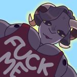 1:1 2025 anthro big_breasts big_muscles big_pecs bovid breasts caprine caprine_demon clothed clothing demon digital_drawing_(artwork) digital_media_(artwork) english_text fur goat goat_demon hair horn krampus_(vkontakte) looking_at_viewer looking_down male mammal muscular nipples pecs purple_body red_clothing red_shirt red_topwear shirt smile smiling_at_viewer solo text tongue tongue_out topwear vkontakte yellow_eyes