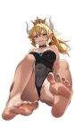  1girl absurdres bare_legs bare_shoulders barefoot black_collar black_one-piece_swimsuit blonde_hair blue_eyes blue_gemstone bowsette breasts cleavage collar collarbone commentary covered_navel crossed_bangs crown double-parted_bangs earrings english_commentary feet gem grin hair_between_eyes highres horns indy_k jewelry knees_up large_breasts legs long_hair looking_at_viewer mario_(series) new_super_mario_bros._u_deluxe one-piece_swimsuit ponytail sharp_teeth simple_background sitting smile soles solo spiked_collar spikes strapless strapless_one-piece_swimsuit super_crown swimsuit teeth thick_thighs thighs toenails toes white_background 