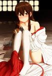  akagi_(kantai_collection) armor blush brown_eyes brown_hair fundoshi gloves japanese_clothes kama_iruka kantai_collection long_hair long_legs looking_at_viewer muneate off_shoulder partially_undressed sitting smile solo 