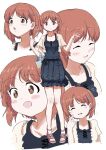  1girl adapted_costume alternate_hairstyle basket black_dress blush breasts brown_eyes brown_hair cardigan closed_eyes closed_mouth collarbone dress floral_print floral_print_dress girls_und_panzer hair_ornament hairpin halter_dress halterneck highres holding holding_basket jacket medium_dress multiple_views nishizumi_miho open_mouth print_dress sandals shirt short_hair smile spaghetti_strap sundress toenails yakatamichi yellow_cardigan yellow_jacket yellow_shirt 