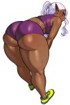  1girl ass bent_over dark-skinned_female dark_skin elf elf-san_wa_yaserarenai. high_ponytail huge_ass kuroeda_(elf-san_wa_yaserarenai.) looking_back panties plump pointy_ears ponytail purple_panties purple_tank_top red_eyes shoes simple_background sneakers sports_panties sportswear sweat synecdoche tank_top thick_thighs thighs underwear white_background white_hair 