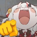  1girl bell chibi chibi_only closed_eyes commentary demon_horns emoji english_commentary fang hair_bell hair_ornament hololive horns japanese_clothes jingle_bell kukie-nyan laughing laughing_cat_pointing_at_you_(meme) long_hair lowres meme multicolored_hair nakiri_ayame nakiri_ayame_(1st_costume) open_mouth pointing pointing_at_viewer red_hair skin-covered_horns solo streaked_hair virtual_youtuber white_hair 