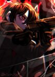  1boy aiming black_gloves black_hair coat e.g.o_(project_moon) fell_bullet_(e.g.o) fire gloves gun highres holding holding_gun holding_weapon limbus_company one_eye_covered pmchell_04 project_moon red_eyes rifle scarf short_hair solo weapon yi_sang_(project_moon) 