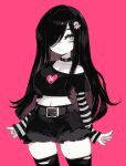  1girl aria_wintermint asymmetrical_breasts belt black_hair black_shirt blush breasts broken_heart_print choker closed_mouth collarbone commentary contrapposto cowboy_shot crop_top cropped_shirt english_commentary goth_fashion hair_ornament hair_over_one_eye high-waist_shorts highres large_breasts layered_sleeves long_hair long_sleeves midriff navel parororo pink_background shirt short_over_long_sleeves short_shorts short_sleeves shorts single_bare_shoulder skindentation solo standing stomach striped_sleeves the_crawling_city thighhighs torn_clothes torn_thighhighs 