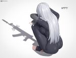  1girl ak-12 ak-12_(girls&#039;_frontline) ass assault_rifle black_bodysuit black_gloves bodysuit breasts cat_shadow_puppet_(meme) commentary different_shadow english_text fingerless_gloves from_behind girls&#039;_frontline gloves grey_hair gun highres j_adsen kalashnikov_rifle large_breasts long_hair meme rifle shadow simple_background solo squatting stirrup_legwear toeless_legwear toes weapon white_background 