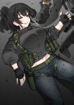  1girl 1other absurdres ammunition_pouch assault_rifle bandit-chan_(k0ng) belt black_boots black_eyes black_gloves black_hair boots bow brown_belt bullpup chest_rig clenched_teeth collared_jacket cropped_jacket fingerless_gloves gloves grey_jacket grey_pants gun hair_bow handgun high_ponytail highres holster jacket k0ng long_hair lying motion_lines on_back on_ground original ots-14_groza pants parted_lips ponytail pouch rifle scope solo squiggle teeth thigh_holster uneven_eyes weapon 