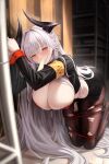  1girl absurdres admiral_zenker_(azur_lane) armband azur_lane black_jacket black_skirt bound bound_legs bound_wrists bra breasts cleavage food food_in_mouth highres horns jacket large_breasts long_hair multicolored_hair official_alternate_costume open_clothes open_jacket pantyhose pencil_skirt popsicle red_bra red_eyes red_hair silasscia45 skirt solo streaked_hair torn_clothes torn_pantyhose underwear white_hair yellow_armband 