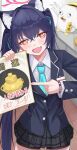  +_+ 1girl :d absurdres animal_ear_fluff animal_ears bead_bracelet beads bike_shorts black_hair black_jacket black_shorts black_skirt blue_archive blue_necktie blush bracelet buttons cat_ears cat_girl collared_shirt commentary cowboy_shot crossed_bangs extra_ears eyelashes fang fujiwara_haru_(nekonote) hair_between_eyes hair_intakes halo hands_up highres holding holding_paper id_card index_finger_raised indoors jacket jewelry long_hair long_sleeves looking_at_viewer miniskirt necktie open_mouth paper peroro_(blue_archive) pink_halo plaid_clothes plaid_skirt pleated_skirt pointing red_eyes serika_(blue_archive) shirt shorts sidelocks skin_fang skirt smile solo straight_hair tile_floor tiles translated tsurime twintails v-shaped_eyebrows very_long_hair white_shirt 