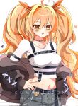  1girl absurdres ahoge airiillus belt blonde_hair breasts brown_jacket character_name chest_harness commission cowboy_shot crop_top grey_shorts hair_between_eyes hand_on_own_hip harness highres jacket jewelry long_hair long_sleeves looking_at_viewer medium_breasts midriff multicolored_hair navel necklace off_shoulder open_mouth orange_eyes original puffy_long_sleeves puffy_sleeves raised_eyebrow shirt shorts simple_background smile solo streaked_hair two_side_up very_long_hair vgen_commission white_background white_shirt 