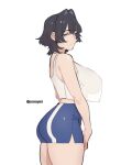  1girl :3 absurdres ass bare_arms bare_shoulders black_hair blue_eyes blue_shorts breasts closed_mouth commentary cowboy_shot from_side hair_between_eyes hair_intakes highres hololive hololive_english large_breasts looking_at_viewer midriff ouro_kronii pomuya see-through_silhouette short_hair short_shorts shorts simple_background skin_tight smile solo standing tank_top twitter_username virtual_youtuber white_background white_tank_top 