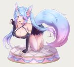  1girl animal_ears black_dress black_gloves blue_eyes blue_hair blue_tail breasts cleavage dress elbow_gloves faux_figurine gloves gradient_hair gradient_tail indie_virtual_youtuber kneeling large_breasts multicolored_hair open_mouth pink_hair pink_tail purple_eyes silvervale single_thighhigh smile solo tail thighhighs virtual_youtuber white_thighhighs wolf_ears wolf_girl wolf_tail yumeha_tseru 