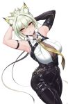  1girl absurdres animal_ear_fluff animal_ears arknights arm_strap armpits arms_behind_head arms_up bare_shoulders black_choker black_pants breasts cat_ears choker cosplay cowboy_shot evelyn_chevalier evelyn_chevalier_(cosplay) hair_between_eyes highres hikasa_youko kal&#039;tsit_(arknights) leggings necktie pants presenting_armpit punnosalt revision shirt simple_background sleeveless sleeveless_shirt solo standing thighs variant_set voice_actor_connection white_background white_shirt yellow_necktie zenless_zone_zero 