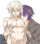  2boys aventurine_(honkai:_star_rail) bite_mark black_shirt blonde_hair blue_hair blush dr._ratio_(honkai:_star_rail) hair_between_eyes hair_ornament hickey honkai:_star_rail honkai_(series) male_focus multiple_boys nipple_stimulation nipple_tweak nipples open_mouth pectorals rechu2300 saliva shirt short_hair simple_background white_background yaoi 