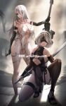  2b_(nier:automata) 2girls a2_(nier:automata) black_hairband black_one-piece_swimsuit blindfold blue_eyes breasts goddess_of_victory:_nikke grey_sky hairband highres holding holding_sword holding_weapon korean_commentary large_breasts long_hair mole mole_under_mouth multiple_girls nier:automata nier_(series) ocean official_alternate_costume one-piece_swimsuit planted planted_sword short_hair sky swimsuit sword toriseru_(rare_stone) very_long_hair weapon white_hair white_one-piece_swimsuit 