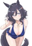  1girl absurdres animal_ears bikini black_hair blue_bikini blue_eyes blue_nails bracelet breasts cleavage eishin_flash_(reines_plaetschern)_(umamusume) eishin_flash_(umamusume) groin hair_between_eyes hand_up head_tilt highres horse_ears horse_girl horse_tail jewelry ken_(shutenndouji1) large_breasts leaning_forward looking_at_viewer nail_polish navel necklace official_alternate_costume official_alternate_hairstyle short_hair sideboob simple_background skindentation solo stomach sweat swept_bangs swimsuit tail thigh_strap umamusume wet wet_bikini wet_clothes wet_swimsuit 