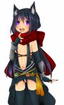  1girl animal_ear_fluff assassin_cross_(ragnarok_online) black_gloves black_hair black_leotard black_nails black_thighhighs blush breasts cat_girl commentary cowboy_shot elbow_gloves fingerless_gloves fingernails gloves leotard long_hair looking_at_viewer meiko_(nattu303) navel open_mouth purple_eyes ragnarok_online red_scarf revealing_clothes scarf simple_background small_breasts smile solo symbol-only_commentary tassel teeth thighhighs upper_teeth_only vambraces white_background 