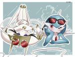  alternate_color blue_hair blue_skin blush bob_cut colored_skin eyewear_on_head gardevoir highres inb795 lying multicolored_skin on_back on_stomach one_eye_closed pheromosa pokemon pokemon_(creature) purple_eyes red_eyes shiny_pokemon tinted_eyewear two-tone_skin white_skin 