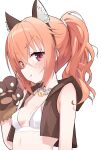  1girl :3 :q absurdres animal_ear_hairband animal_ears animal_hands bare_shoulders blush bra breasts brown_hairband brown_vest chain chain_necklace closed_mouth collarbone commentary eyes_visible_through_hair fake_animal_ears fur-trimmed_gloves fur_trim gloves hair_between_eyes hairband halloween_costume hand_up highres inaba_meguru jewelry lcz long_hair looking_at_viewer necklace official_alternate_costume official_alternate_hairstyle open_clothes open_vest orange_hair paw_gloves red_eyes sanoba_witch simple_background small_breasts smile smug solo symbol-only_commentary tongue tongue_out twintails underwear upper_body v-shaped_eyebrows vest wavy_hair werewolf_costume white_background white_bra wolf_ears 