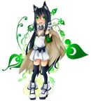  1girl alchemist_(ragnarok_online) alternate_color animal_ears black_bow black_hair black_thighhighs blush boots bow brown_cape cape cat_ears cat_girl commentary_request detached_sleeves dress full_body fur_collar green_eyes green_sleeves highres long_hair looking_at_viewer meiko_(nattu303) open_mouth ragnarok_online short_dress simple_background smile solo strapless strapless_dress teeth thighhighs upper_teeth_only very_long_hair waist_bow white_background white_boots white_dress 